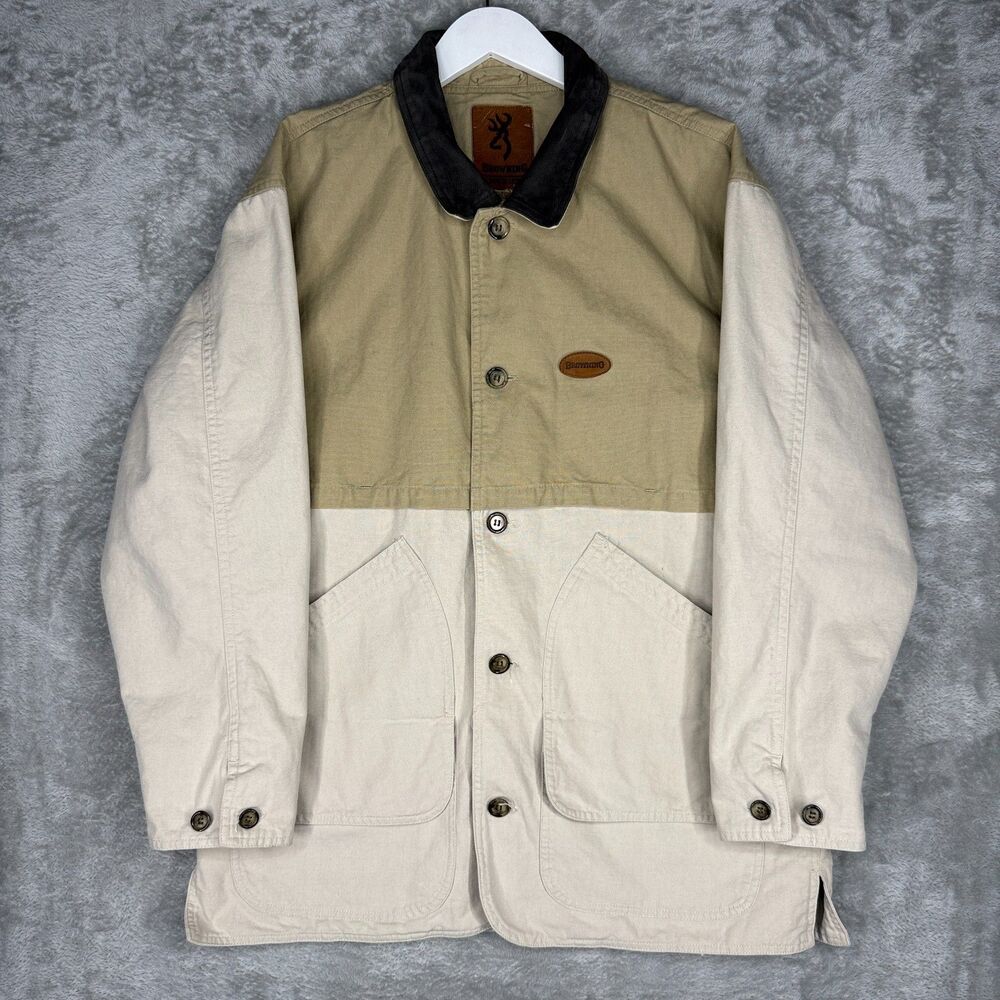 Vtg 90s Browning Jacket Mens Large 2 Toned Chore Coat Leather Collar Canvas Logo